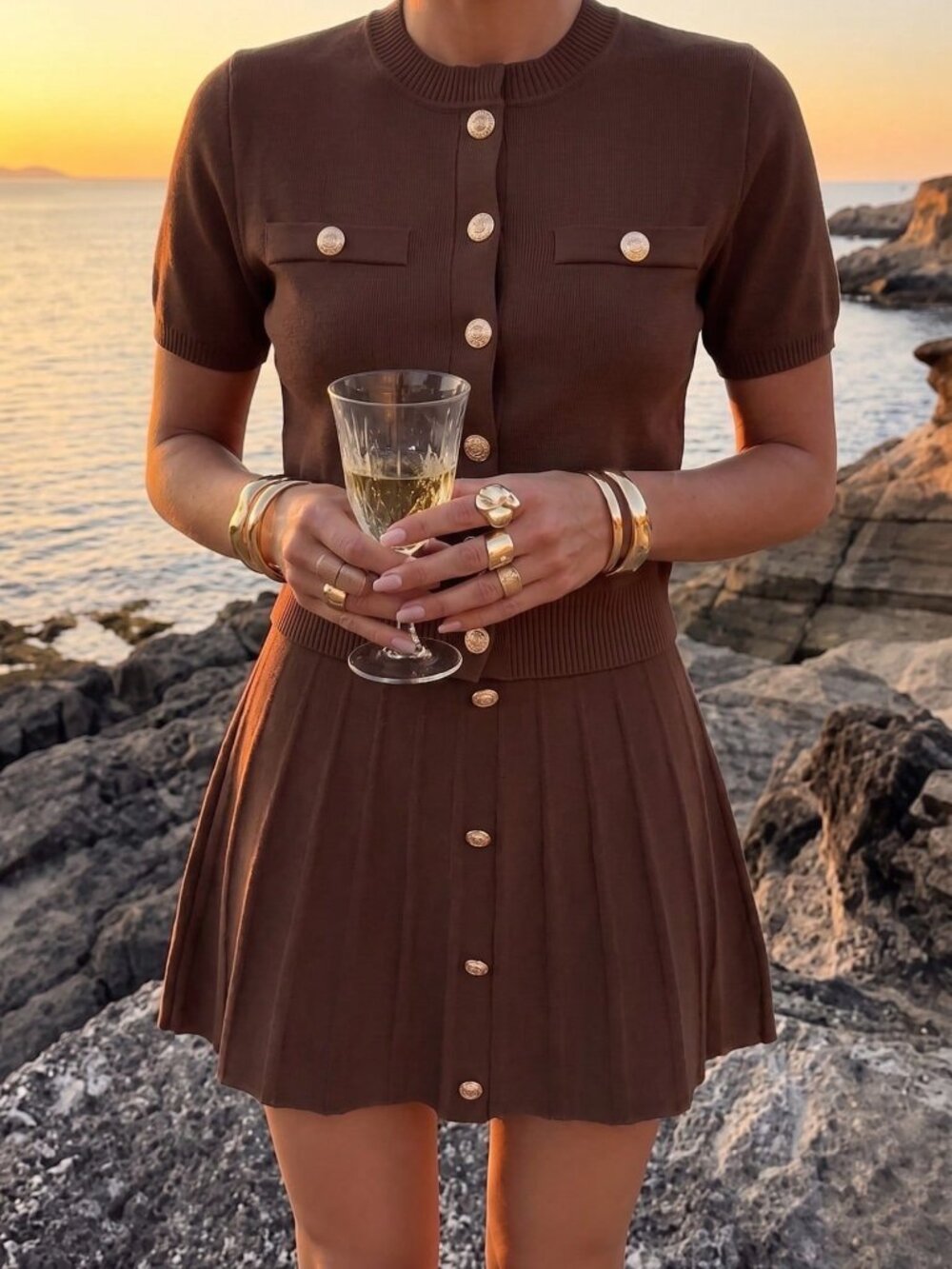Dark Brown Casual Women's Y2K Sweater Knit Two-Piece Pleated Skirt Set
